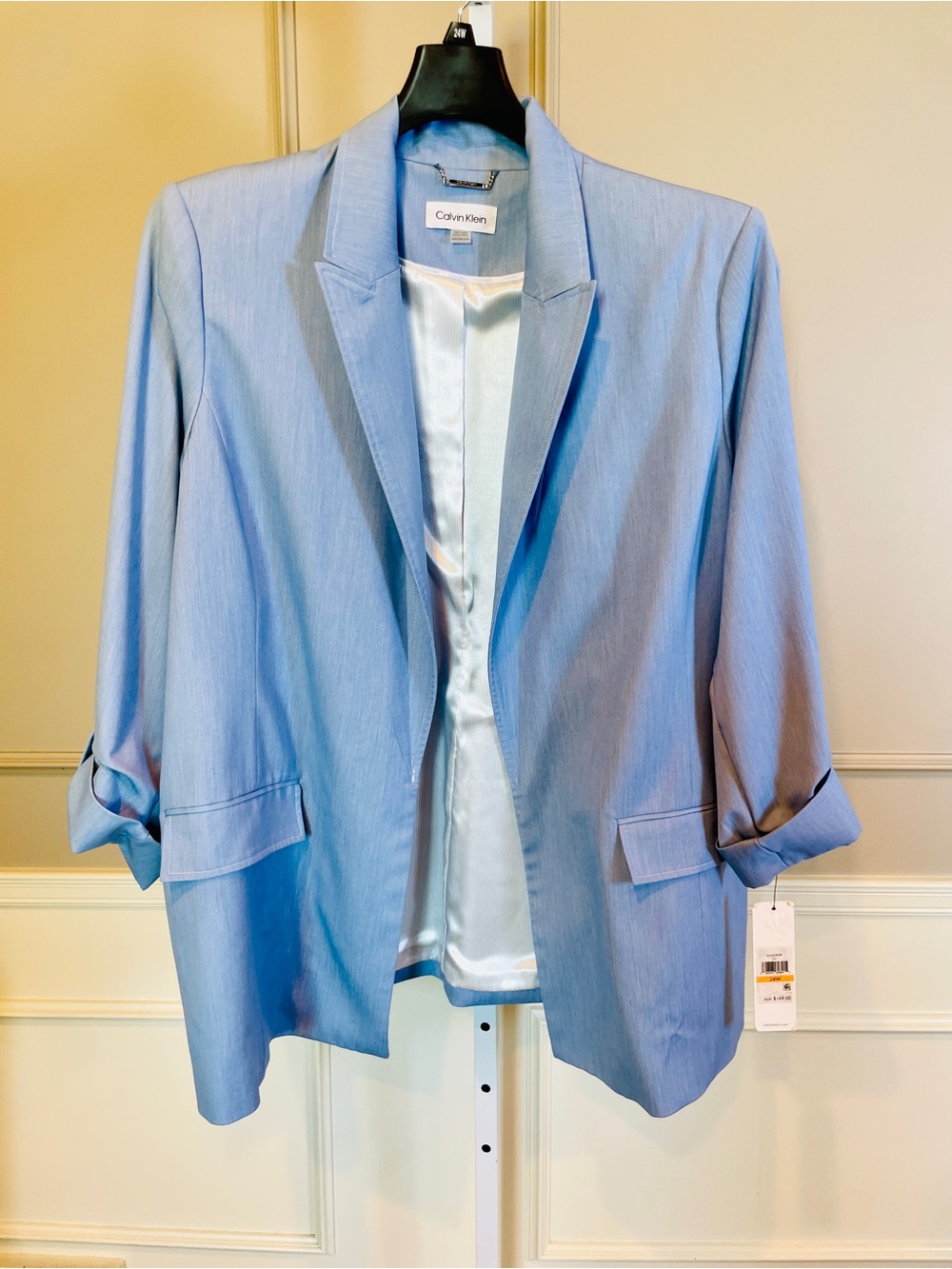 Calvin Klein 24W Suit Jacket Powder Light Blue Open Front Roll Tab Sleeve $169